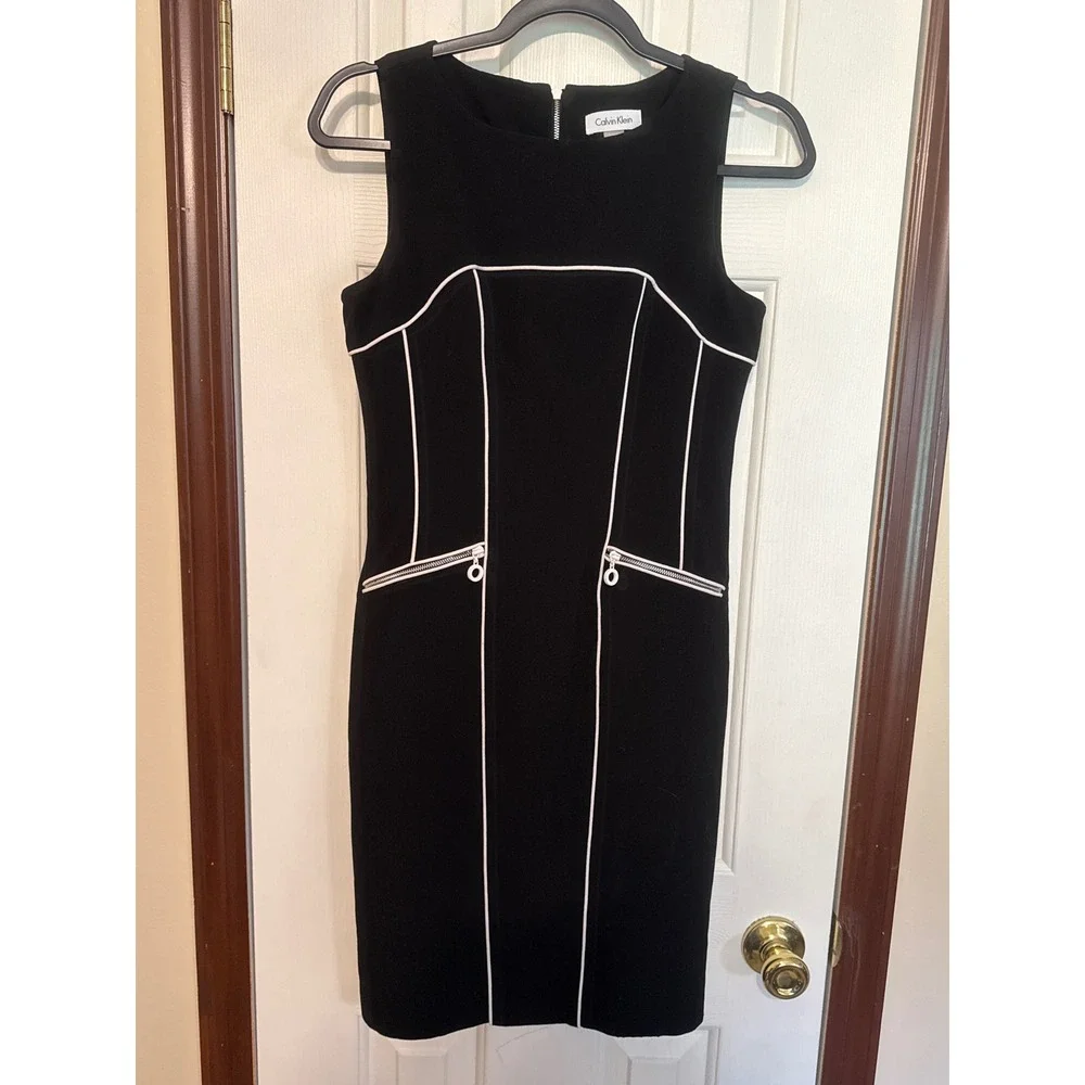 Calvin‎ Klein Sheath Dress White Trim Sleeveless Career Black Size 2